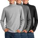 3 Pack Boys Turtleneck Tops Kids Long Sleeve Shirts Turtle Neck Pullover Undershirt Youth Basic Layer Warm Tops (13-14 Years, Light Gray, Dark Gray, Black)