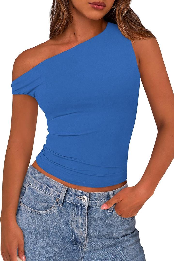 PRETTYGARDEN Women's Off The Shoulder Crop Top - Chic Asymmetrical Going Out Tops for Summer 2026, Slim Fitted & Breathable (Blue, L)