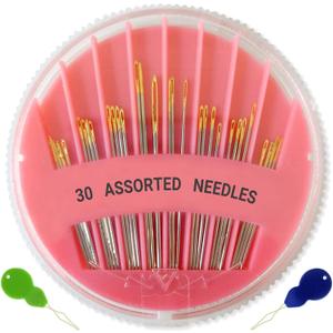 30 Pack Premium Hand Sewing Needles, Assorted Sizes, Large Eye Stitching Needles for Sewing, Repair & Embroidery