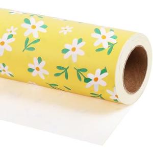 LaRibbons Easter Floral Wrapping Paper Jumbo Roll-30 Inch X 33 Feet, White Daisies on Yellow Design, Spring Gift Wrap Stone Paper for Wedding, Mother’s Day, Baby Shower & Birthday
