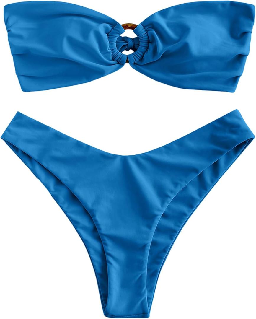 ZAFUL Women's Bandeau Bikini O Ring Strapless Tie Back High Cut Two Piece Swimsuit Bathing Suits (Deep Blue, M)