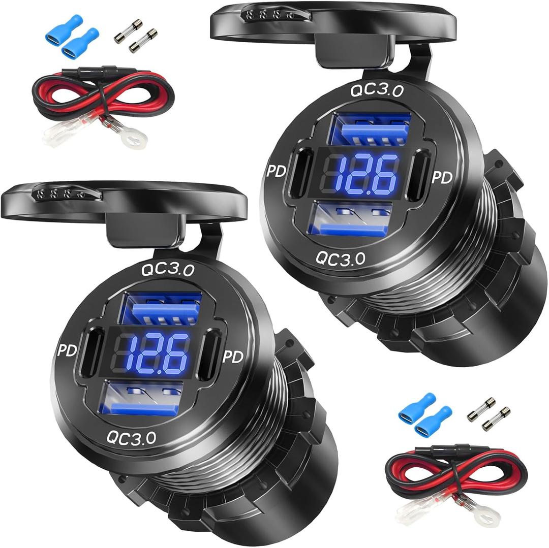 2PCS, Dual PD USB C Ports & Dual Quick Charge 3.0 Ports Car Charger Socket, VANONE Aluminum Alloy Waterproof 12V USB Outlet, Accessories for Car Boat Marine Motorcycle RV ATV Truck Golf Cart