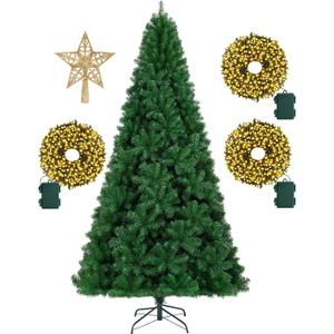 KTKDE 7.5ft Artificial Christmas Tree is a Green one with 1450 Tips and 300 Battery-Powered LED Columns. It Features 7.87-inch Golden Five Pointed Star and is Perfect for Family and Office Gatherings