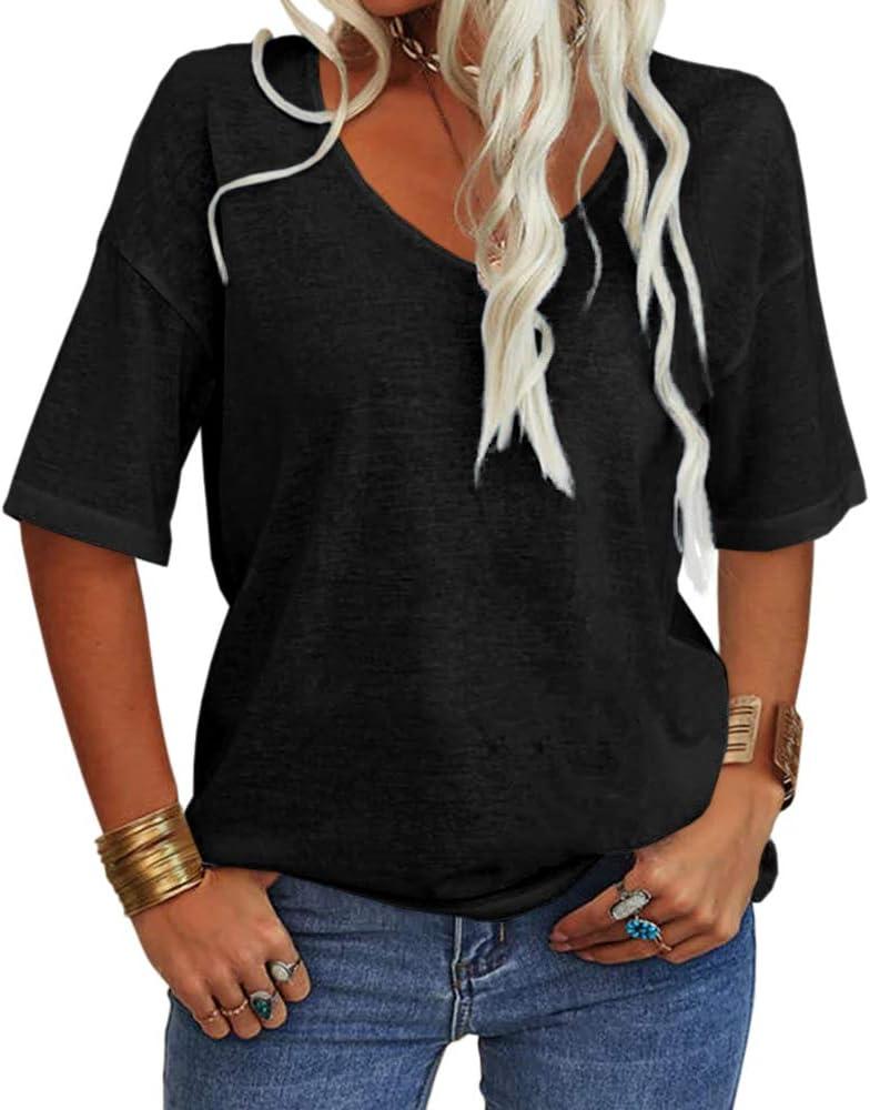 Danedvi Women Fashion V-Neck Half Sleeves Oversized T Shirt Solid Casual Loose Basic Tops (X-Large, Black)
