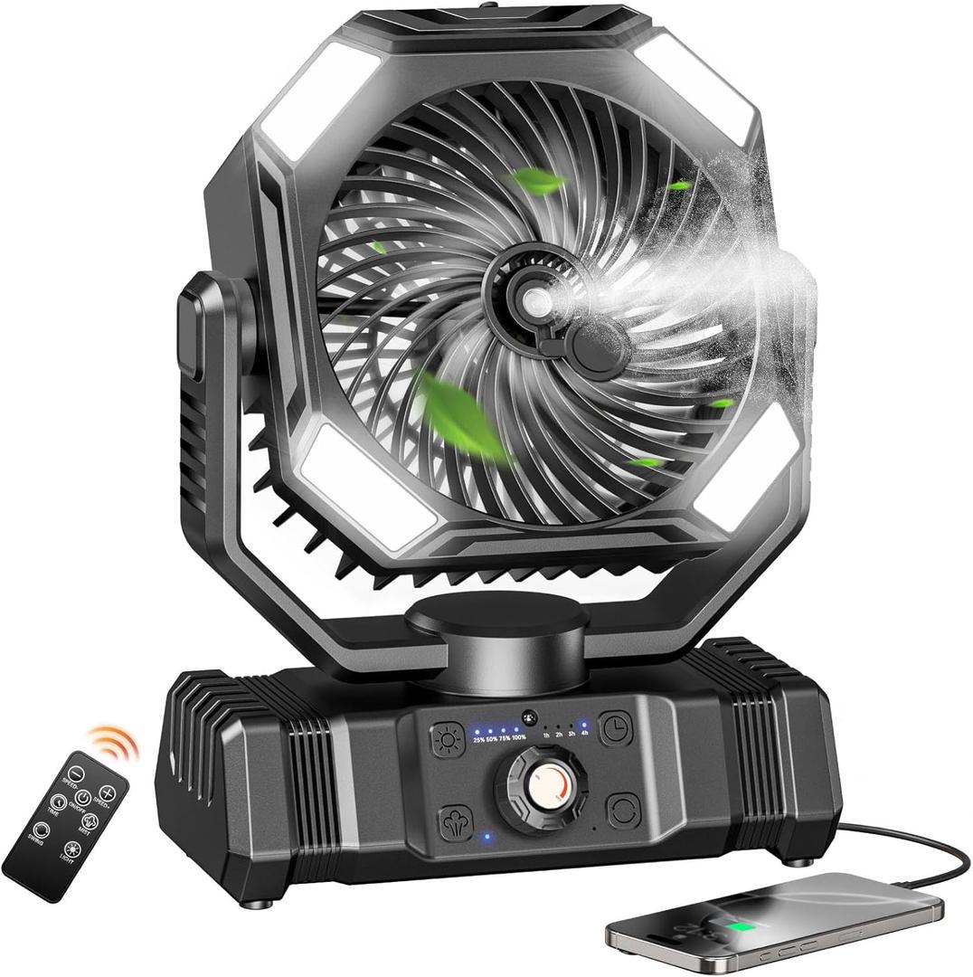 SWEETFULL Portable Misting Fan Rechargeable, 20000mAh Battery Powered Camping Fan with 300ml Water Tank & LED Lanter, Remote Auto Oscillating Table Fan with Hook for Travel Outdoor Tent Beach (Black)