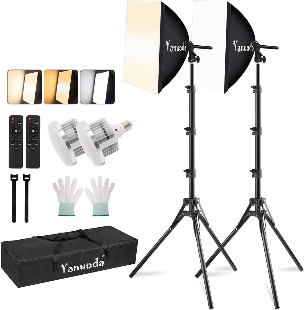 16x16'' Softbox Lighting Kit 2 Pack with 95W LED Bulbs, Remote Control, CRI97 Studio Lights for Photography Video Recording YouTube TikTok Zoom Streaming