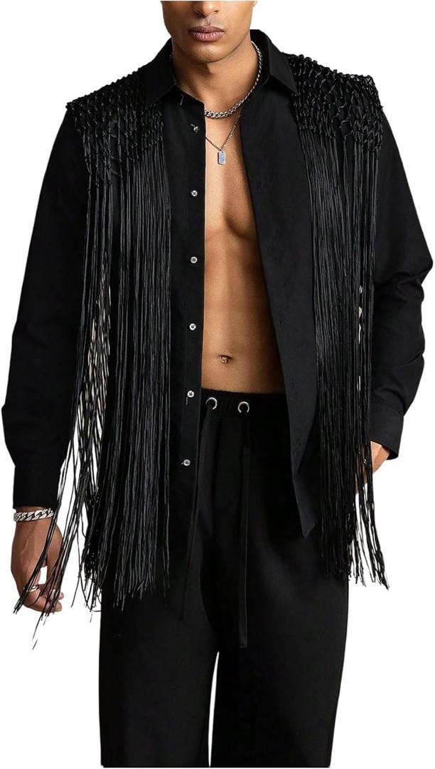 Men's Fringe Tassel Shirts Fringe Button Down Long Sleeve Party Disco Rave Shirt (X-Large, Black)