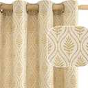 BGment Gold Linen Curtains for Living Room, French Country Leaf Jacquard Botanical Pattern Cottage Core Boho Vintage Grommet Light Filtering Semi Sheer Linen Curtains, 2 Panels, 52 x 84 Inch