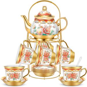 20 Pieces Vintage Flower Porcelain Tea Set for Adults with Metal Holder European Ceramic Tea Party Set Cup Gold Plated Saucer for Women, Serving 6 People(Classic)