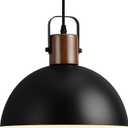 Eustace 11.8" Wood and Metal Black Pendant Light Fixtures, Modern Farmhouse Pendant Lamp, Industrial Dome Hanging Lights for Kitchen Island Dining Room Hallway Restaurant Entryway (Wood + 11.8in)
