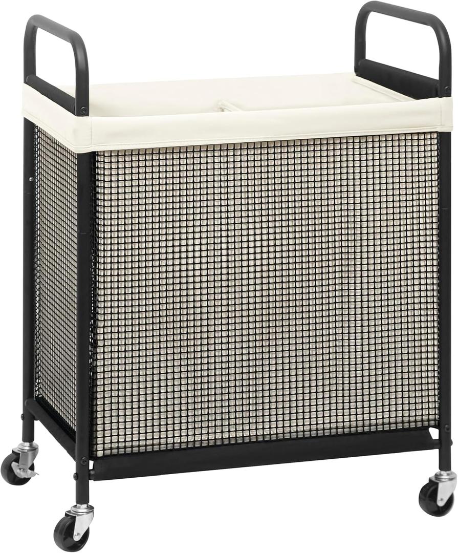 STORAGE MANIAC Rolling Laundry Hamper with Wheels 2-Section Laundry Sorter Rolling Laundrys Basket on Wheels with Removable Bag Clothes Hamper Laundrys Organizer Cart Bathroom Bedroom 100L Beige