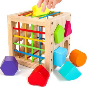 Montessori Toys for 1+ Year Old, Wooden Sorter Cube with 8pcs Rattling Shapes, Developmental Learning Toy Gifts for Baby Toddler Boys Girls, Gift Packaging