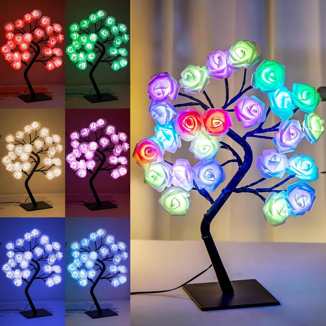 18 Colors Rose Tree Lamp - Multicolor LED Rose Flower Night Light Pink Flower Lamp Rose Lamp Tabletop Bonsai Tree for Wedding Valentine's Day Decorations Wedding Girls Party Bedroom