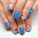 24Pcs Summer Press on Nails Short Square Fake Nails with Sea Wave Coconut Tree Design Acrylic Nails Blue Glitter Glue on Nails Reusable Stick on Nails for Women Spring Summer Nail Art