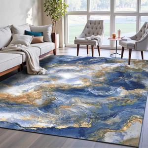 Abstract Marble Area Rugs for Living Room, 8x10 Soft Durable Lightweight Low Pile Carpet with Non-Slip Backing Stain-Resistant Modern Machine Washable for Bedroom Dining Room, Blue/Gold