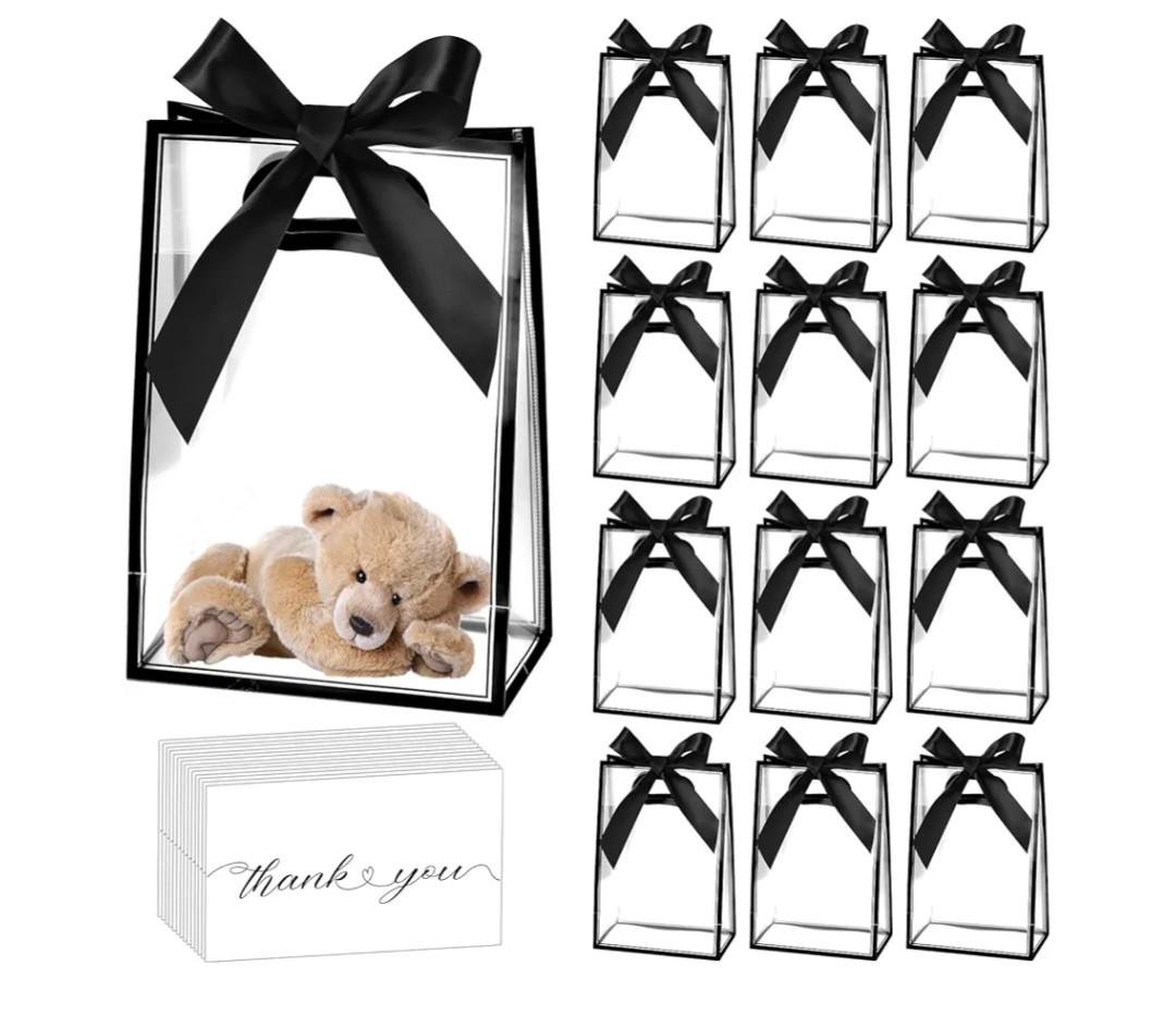 GAWBYET 24 Pcs Clear Plastic Gift Bags with Handles, Reusable Party Favor Bags With ribbons and cards for Mother's Day, Birthday, Wedding,Bachelorette Party,(7 x 10 x 3.15 Inch)