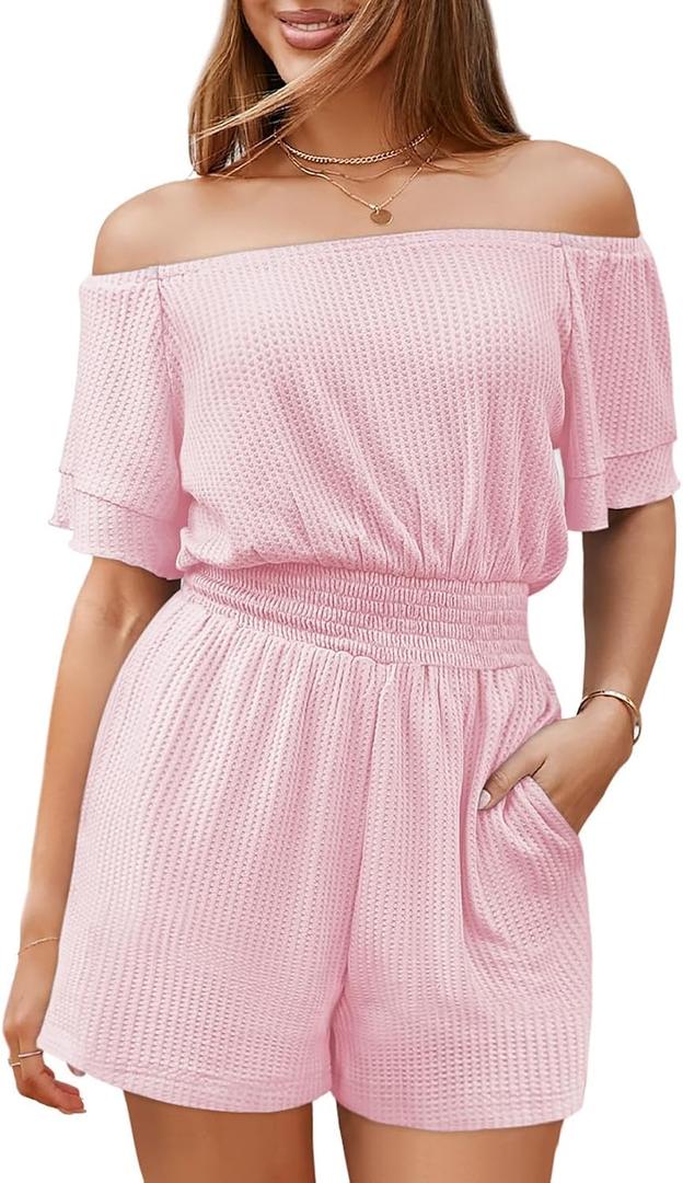 Fixmatti Womens Off The Shoulder Romper Short Sleeve Smocked Waist Mini Jumpsuit with pockets (Pink, M)