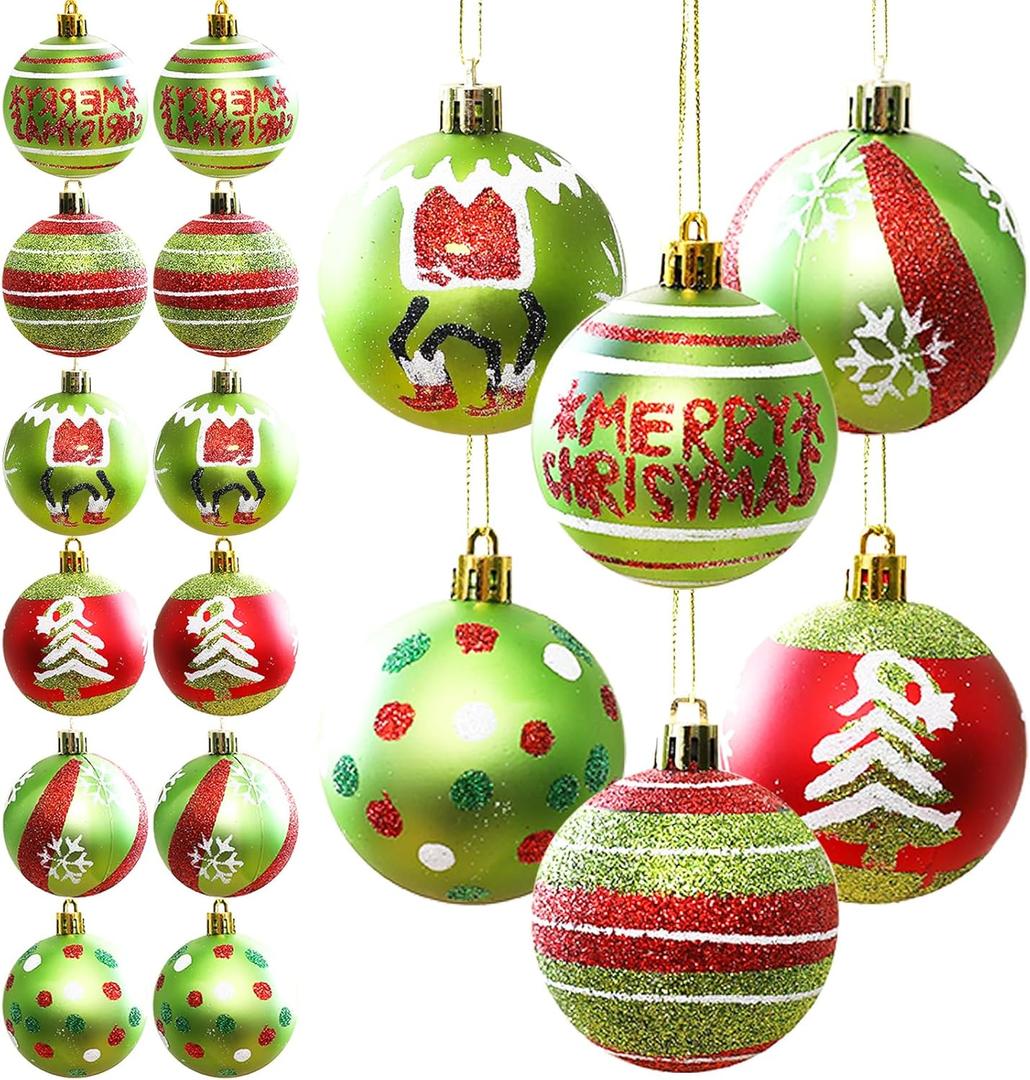 12pcs Christmas Ornaments Balls - 2.4Inch Glittering Hanging Christmas Tree Balls - Red Green Plastic Swirl Candy Cane Ball for Xmas Tree Decorations - Home Indoor Holiday Party Decorations