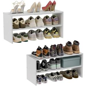 2 Pack White Shoe Rack for Closet, 2-Tier Expandable Small Shoe Shelf, Stackable Iron Wood Combination Shoe Organizer Racks Shelves for Closets, Entryway, Hallway, Garage, Holds 15-24 Pairs