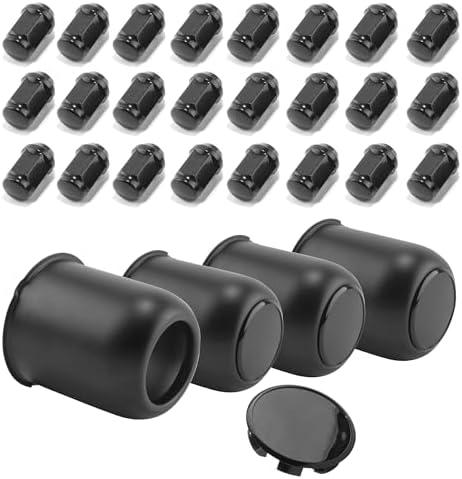 HowioZil 4-Pack Trailer Push Through Center Caps and Trailer Wheel Lug Sets - 3.19in Wheel Center Caps Matte Black Wheel Cover Stainless Steel Hub Cap with 24 Black Capped 1/2-20 Lug Nuts for Truck RV