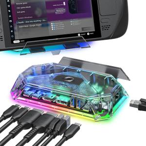 JSAUX RGB Docking Station for Steam Deck (OLED)/ROG Ally/Legion Go, 12-in-1 Handheld Dock with 4K@120Hz HDMI & DisplayPort Gigabit Ethernet USB C 3.2 USB A 3.2/2.0, SD/TF Slots 3.5mm Jack-HB1201S (Crystal)