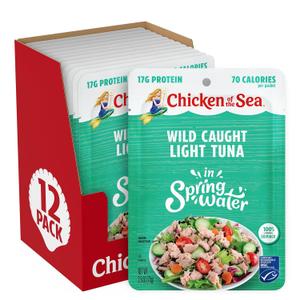 Chicken of the Sea Wild Caught Light Tuna in Spring Water, 2.5 Ounce Packets, 12-Count High Protein 100% Skipjack Tuna in Water Easy, Delicious, Nutritious Ready to Eat Meals (EXP 01/29/29)