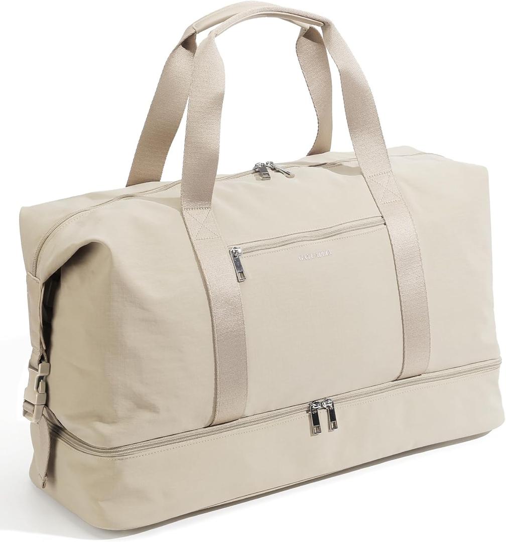 Oeihuivt Weekender Bags for Women - 21 Inch Large Travel Duffel Bag 2-Piece Set with Shoe Compartment, Heavy-Duty Canvas Leather Carry On Overnight Tote (Beige-1A)