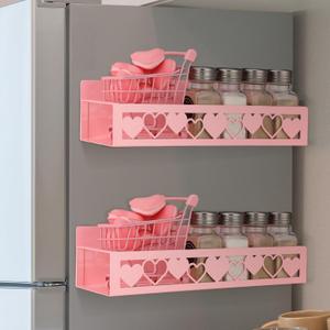 2 Pack Heart Magnetic Spice Rack for Refrigerator Metal Magnet Basket Shelf for Fridge Seasoning Storage Organizers Home Decor Kitchen Accessories (Pink)