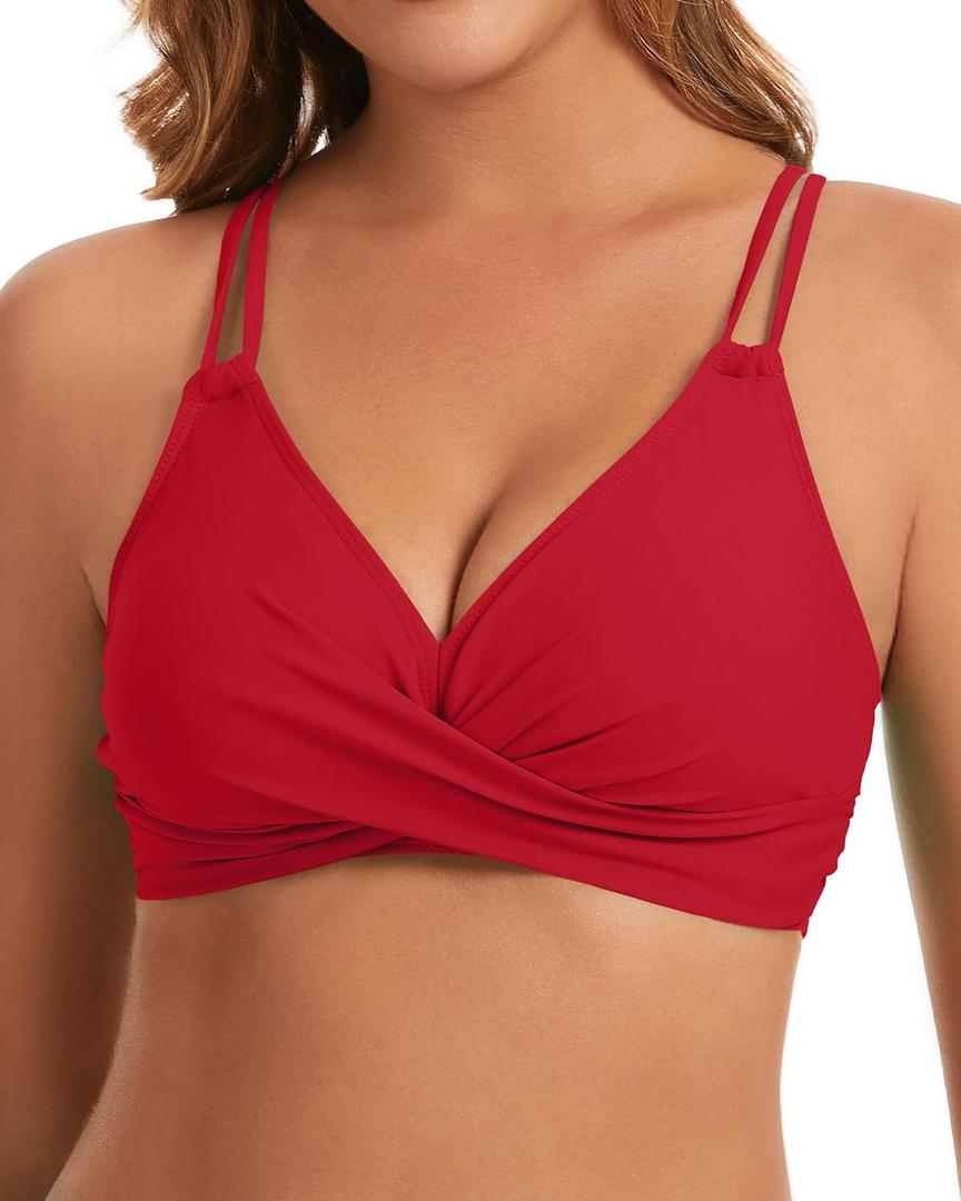 Womens Twist Front V Neck Bikini Top Push Up Padded Swim Top Swimsuit Lace Up Criss Cross Back Bathing Suits Tops (Red, XS)