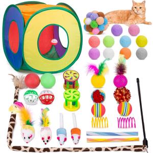 Retro Shaw Cat Toys Bundle 33 Pack, Interactive Kitten Toys for Indoor Cats Kitty with Collapsible Play Tunnel Tube Tent Feather Wand Teaser Bell Fuzzy Ball Springs Mouse Toy