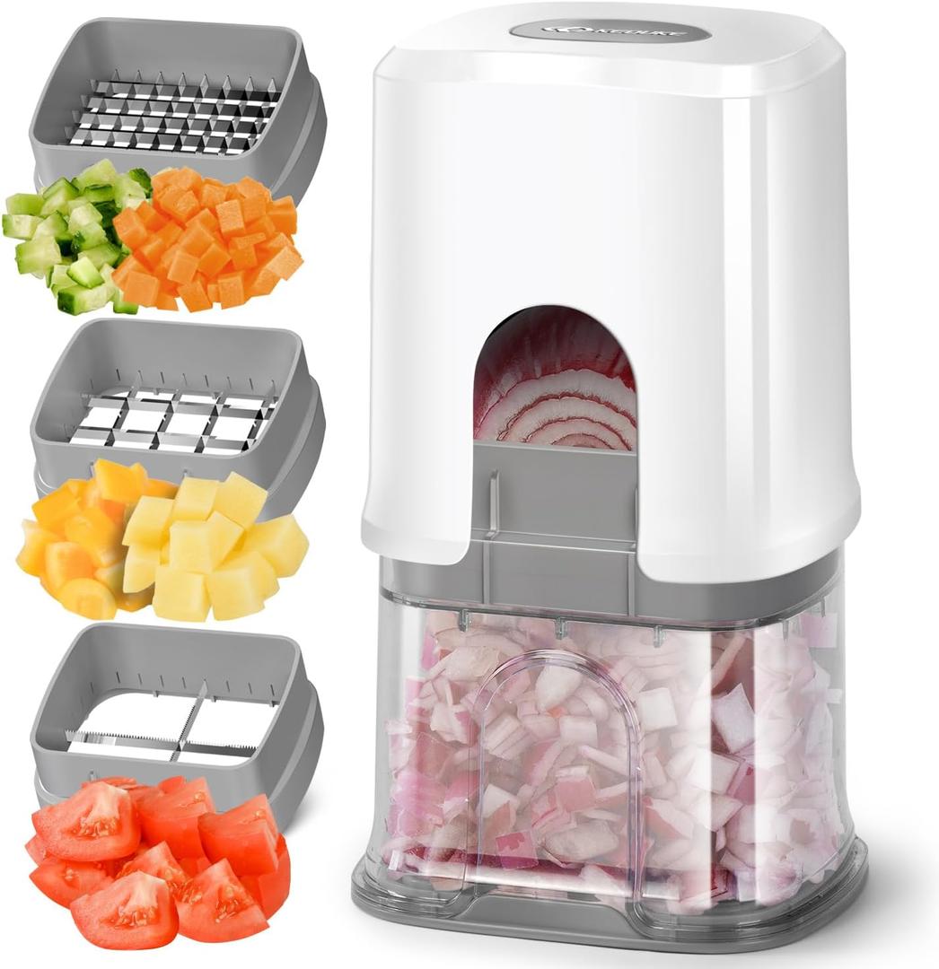 KEOUKE Multifunctional Vegetable Chopper White - 3 Interchangeable Blades Potato French Fry Cutter with Container & Storage Box Food Chopper Dicer for Cucumber, Tomato, Carrot, Onion (Cube)