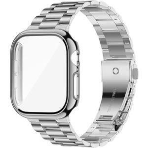 iiteeology Compatible with Apple Watch Band 46mm Series 11 Series 10, Upgraded Stainless Steel Band with iWatch Screen Protector Case for Men Women Silver/Silver