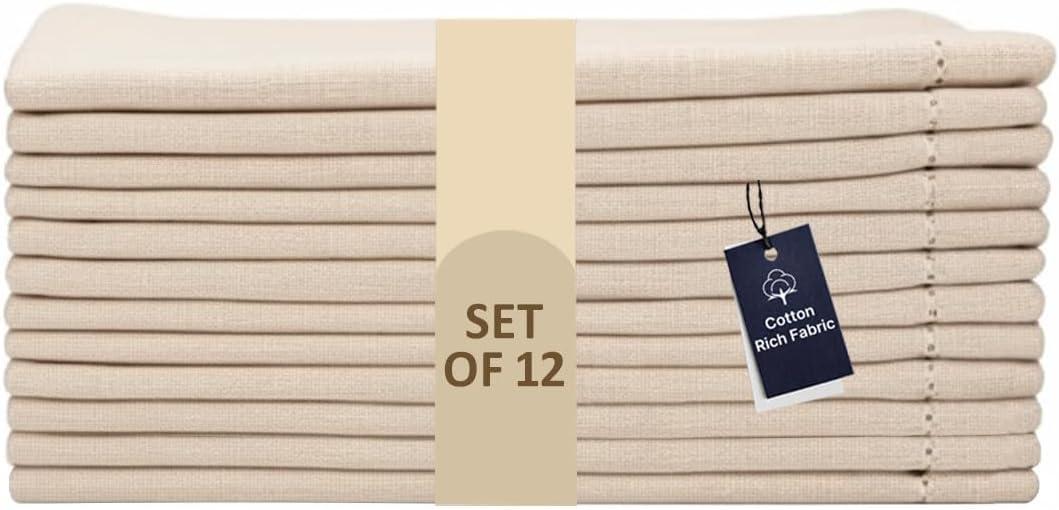 LFH Home Cloth Dinner Napkin Textured Cotton Flax Linen Hemstitched Napkin Set of 12, Machine Washable for Farmhouse, Living Room, Christmas, Family Gathering, 18x18 Inch Natural