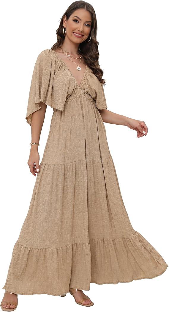 SUNNOW Women's Summer V-Neck, Tiered Silhouette with Flutter Sleeves Maxi Dress (as1, Alpha, M, Regular, Regular, GA) M
