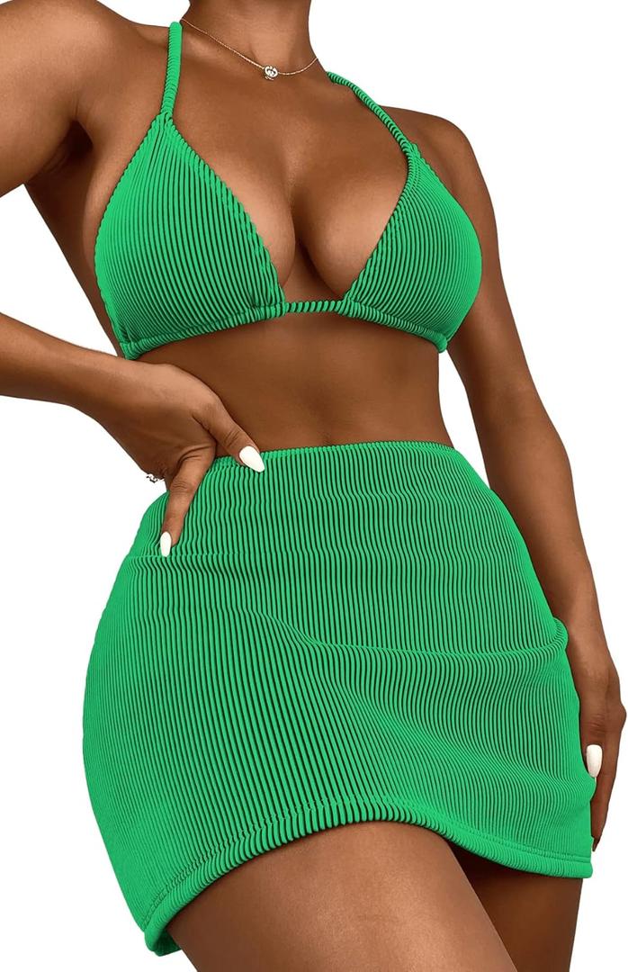 SweatyRocks Women's 3 Piece Zebra Striped Bikini Swimsuit Set & Beach Skirt Set Bathing Suit (Large, Plain Green)
