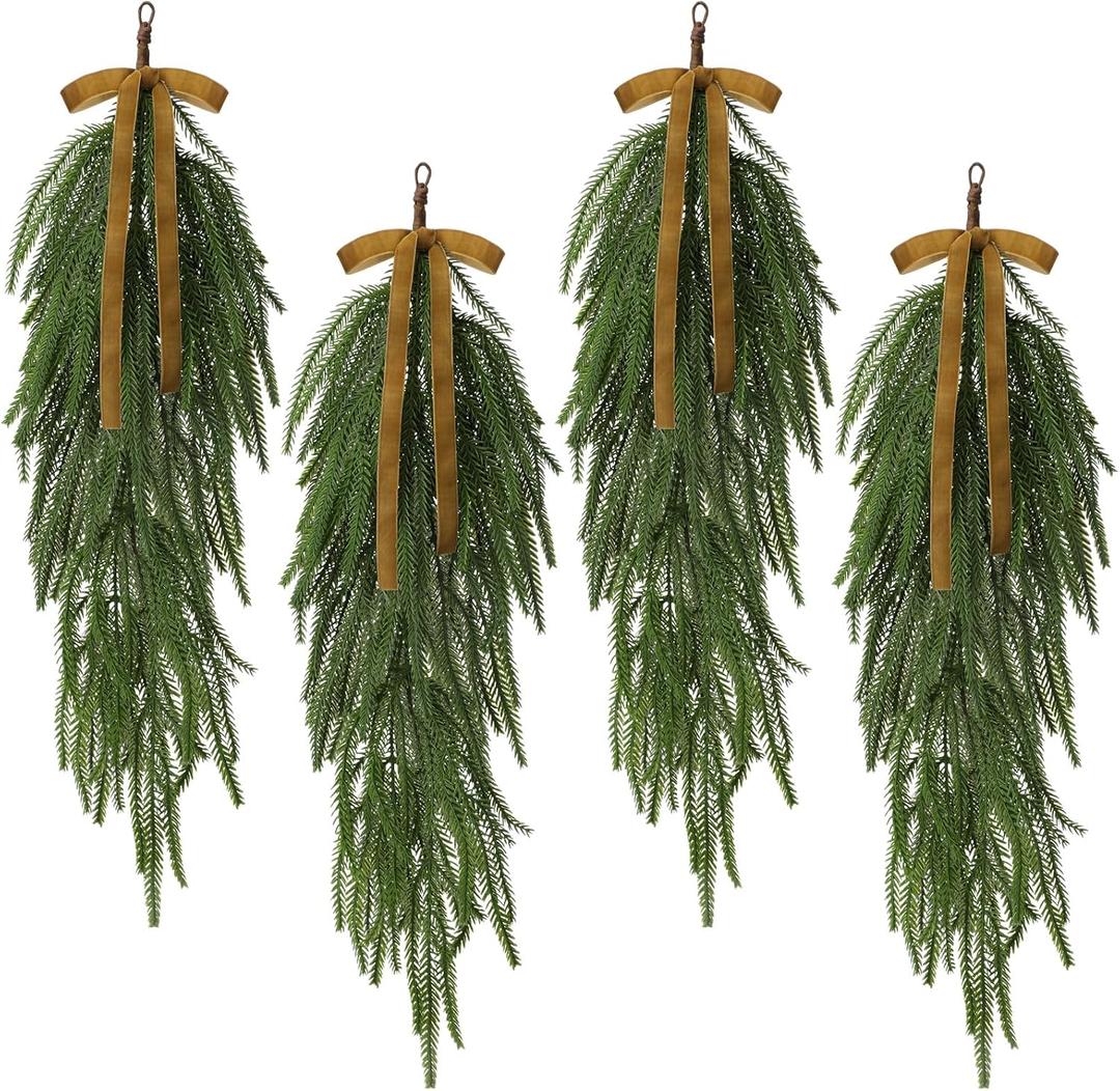 Shihanee 4 Pack Christmas Teardrop Swags with Rustic Velvet Ribbon Bow Artificial Realistic Norfolk Pine Greenery Swag for Festive Holiday Door Wall Home Porch and Mantel Decor(Khaki,24 Inch)