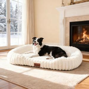 Washable Dog Bed for Dogs - XL Soft Plush Furry Calming Dog Bed with Removable Zipper Cover, Orthopedic Rectangle Anti-Anxiety Pet Kennel Bed with Handle, 43x31x5inches, Cream
