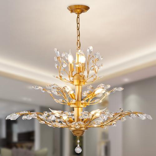 Ganeed Crystal Chandeliers, Vintage K9 Crystal Pendant Lighting with 11 Lights Heads, Gold Chandelier Ceiling Light Fixtures for Living Room Dining Room Porch Hallway Kitchen Over Table