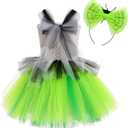 Kids Girl Halloween Costume Black White Striped Ruffle Tulle Tutu Dress with Headband Cosplay Birthday Party Outfit (8-9 Years, Green)