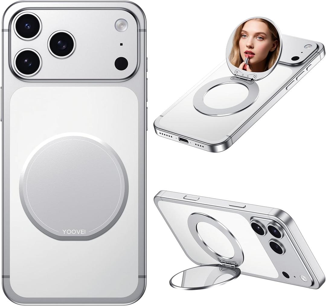 Magnetic Phone Case Stand with Mirror for MagSafe Universal Metal Adjustable Kickstand for iPhone 17/16/15/14 Pro Max Slim Phone Mirror for All Smartphone Used for Women Outdoor Makeup White