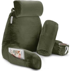 Clara Clark Reading Pillow with Shredded Memory Foam Includes 2 Neck and Lumber Support Pillows, Designed for Sitting Up in Bed and Couch, Back and Arms Adjustable Support for Adults, Olive Green