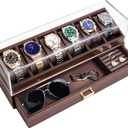 KAMIER High End Wooden Watch Box with 6 Slots & Glass Lid - 2-Layer Jewelry Organizer for Men - Watch Display Case, Ideal Business Gift for Watch Enthusiasts with Gift Box, Walnut