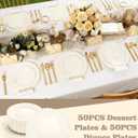 YOUBET 100PCS Ivory Scalloped Plastic Plates - Heavy Duty Disposable Fancy Hard Plates Include 50 Dinner Plate, 50 Dessert Plate, for Wedding & Party