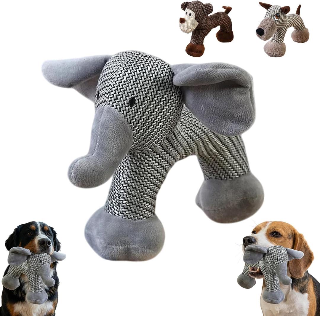 Linen Safari Companions,Squeaky Dog Chew Animals,Durable Linen Fabric,Strudy Fabric, Relieve Boredom and Anxiety in Dogs-Elephant