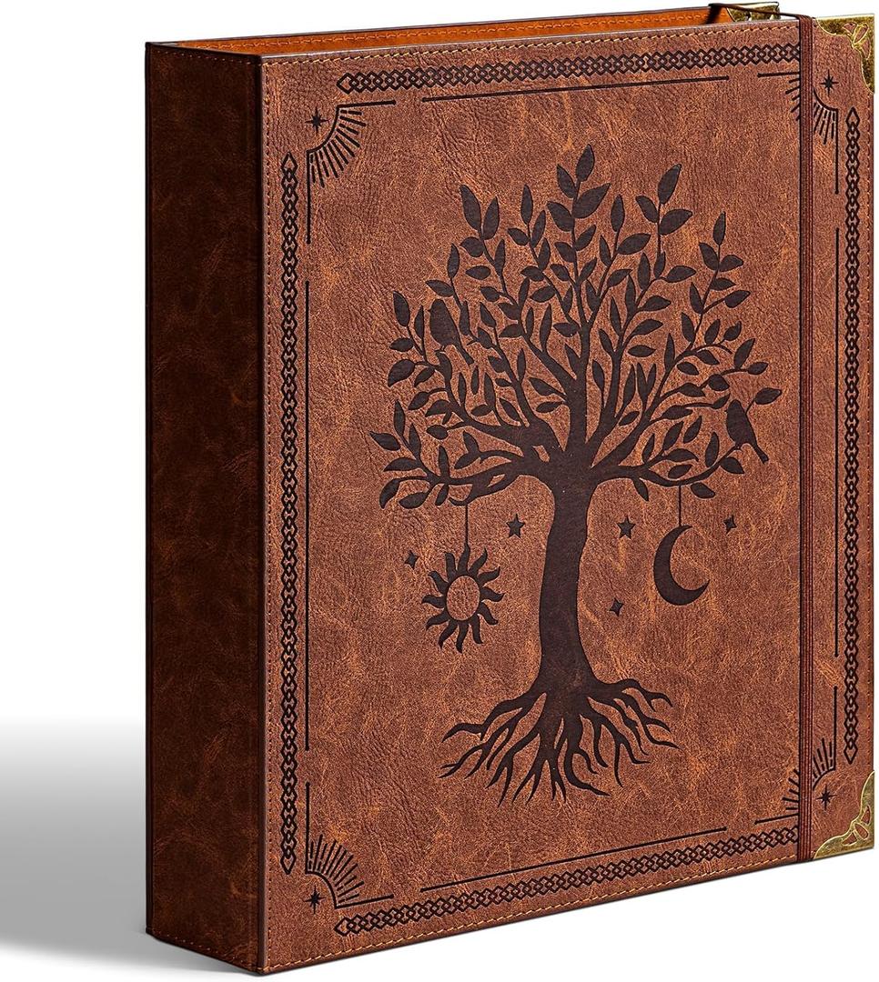 Ovesmusl Leather D Ring Binder Fits 8.5"x11" Letter Size Paper, 2 Inch D Ring Binders Holds 550 Sheets, Notepad Paper Cover Loose Leaf Organizer with Inner Pockets, Brown Tree