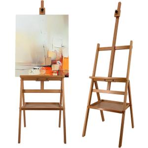Solid Beech Wood Painting Easel with Storage Plate (60"~75" H), H-Frame Adjustable Art Wooden Easel Stand with Signature Plate for Adults, Students,Sturdy Canvas Holder up to 36''