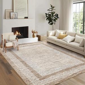 GarveeHome 8x10 Large Washable Area Rug Modern Bordered Rug Distressed Geometric Floor Carpet, Soft Non Slip Rug, Low Pile Non Shedding Rug, Indoor Brown Rug for Bedroom, Living Room