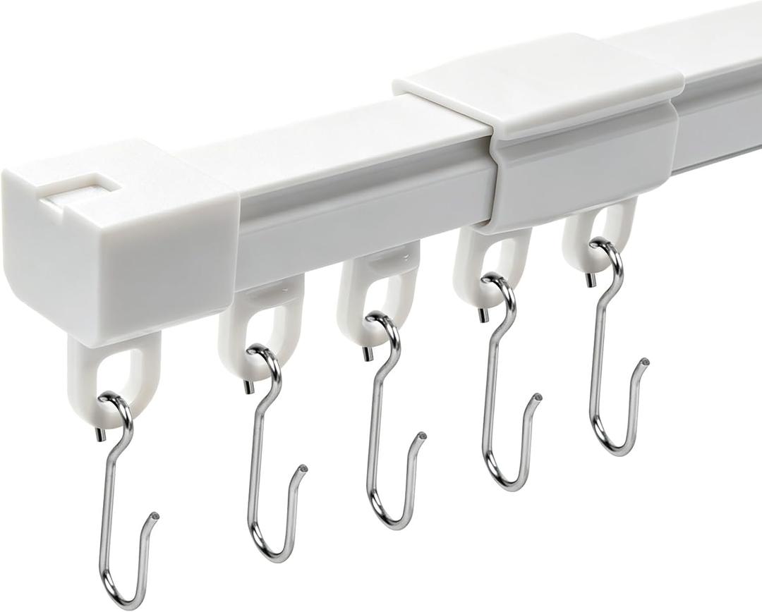 Telescopic Ceiling Mounted Curtain Track 6FT, 2-in-1 Adjustable Main Rail with Extendable Sleeve (No Cutting Needed), Wall or Ceiling Mounted Track Set Including Hooks for Living Room, Bedroom - White