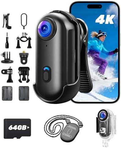 Upgraded 4K Action Camera, Mini Body Camera with Audio and Video Recording, Magnetic Hands Free POV Camera with 360°Rotatable Clip, Waterproof Case Chest Camerafor Pet Walking, Bike, Travel, Vlog