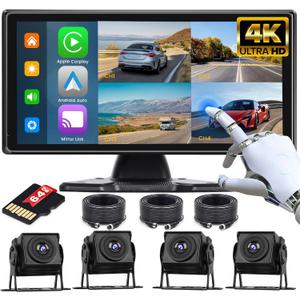 4K RV Backup Camera System with Wireless CarPlay Android Auto, 10.36" Quad Split Touch Screen Monitor with 4 AHD Rear View Camera, DVR Loop Recording IP68 Waterproof Night Vision